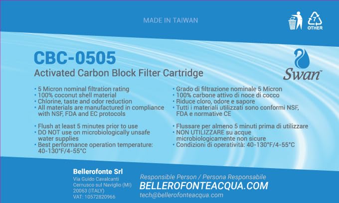 Bellerofonte Carbon Block CTO 5" filtro acqua 5 micron 3 pezzi