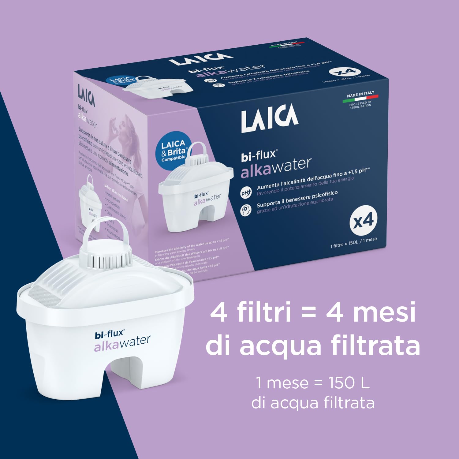 Laica Bi-Flux Alkawater Filtri Caraffa Alcalina 4 Pezzi