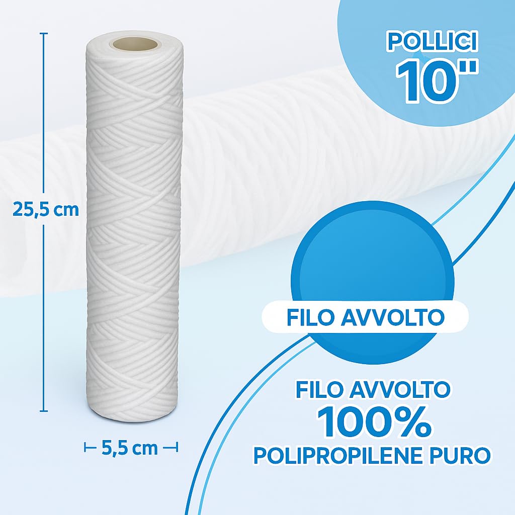Bellerofonte Cartuccia Filtro 10 Pollici 1 Micron Filo Avvolto 3 Pezzi