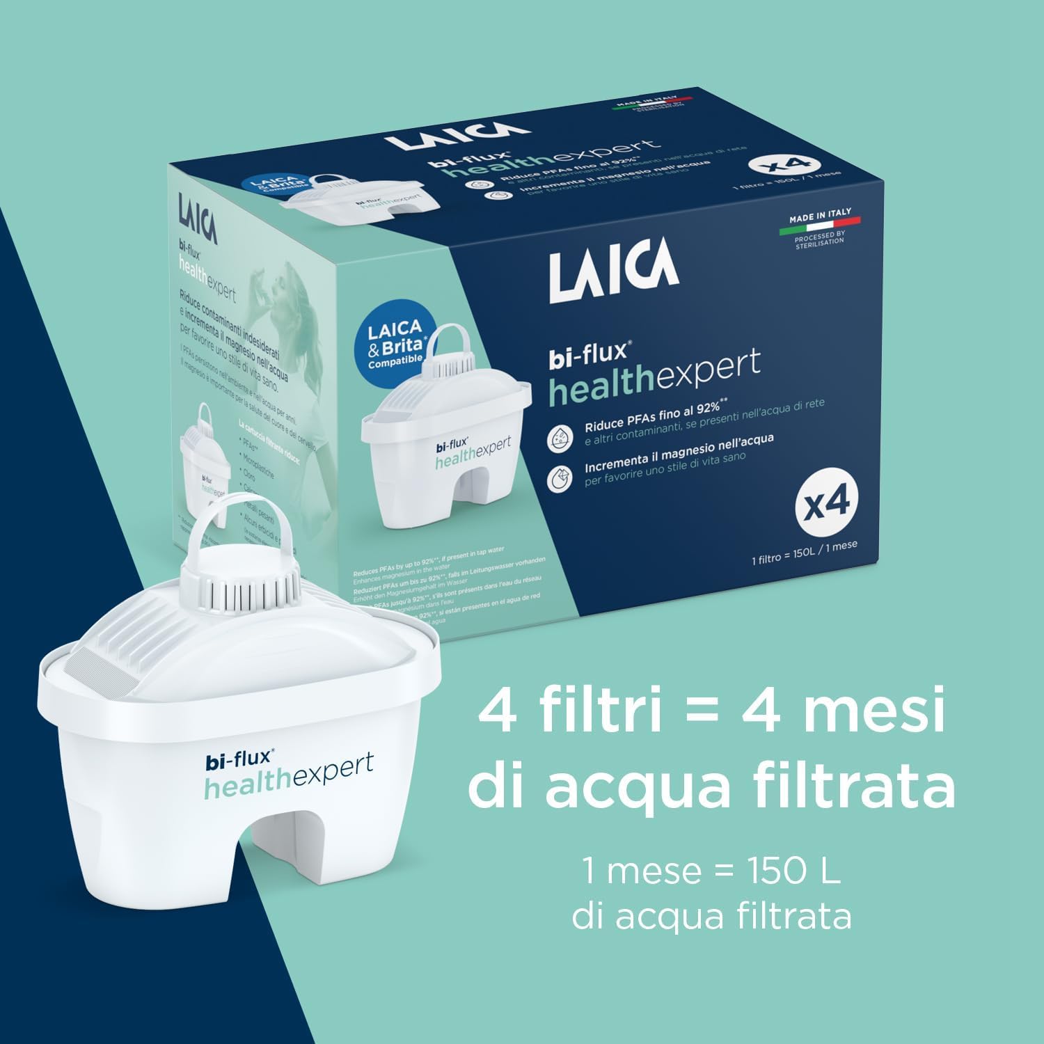 Laica Bi-Flux Healthexpert Filtri Acqua Caraffa 4 Pezzi Magnesio